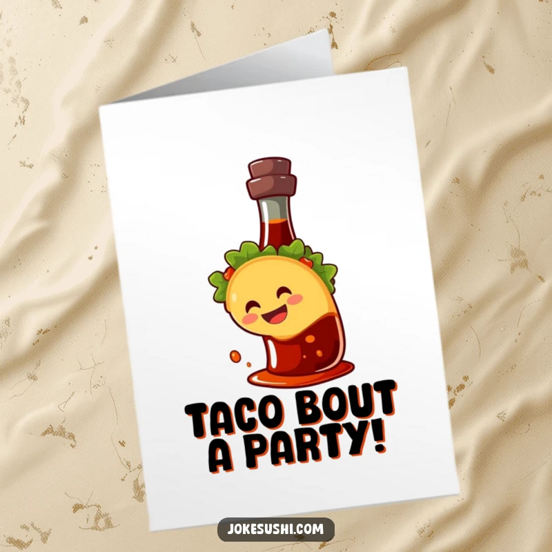 Funny Free Printable Birthday Card: A grinning taco joyfully slides down a soy sauce bottle, ready to party.