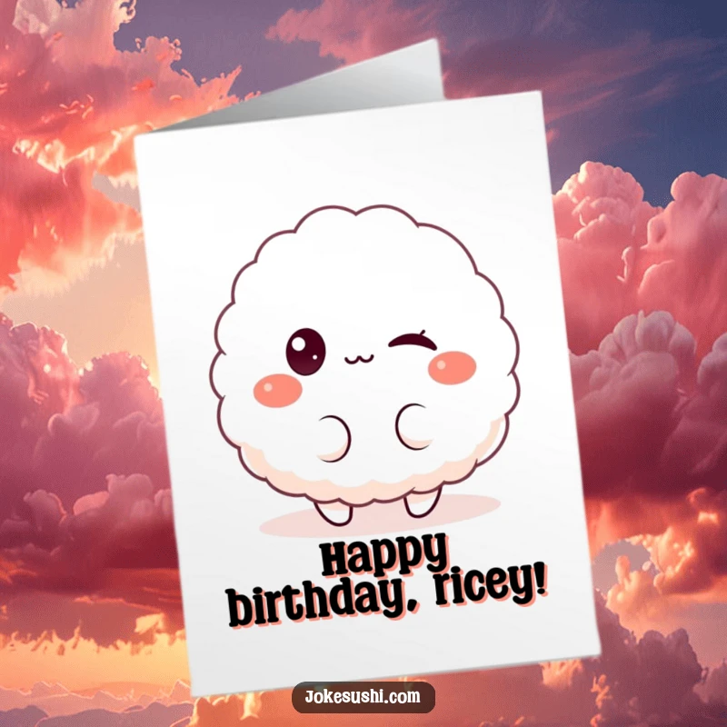Funny free printable birthday card with a fluffy rice ball character winking playfully, sending birthday cheer.