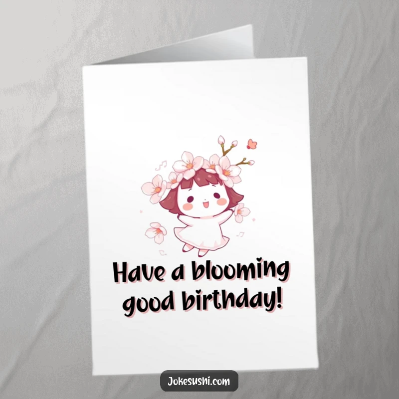 Funny Free Printable Birthday Card featuring a cheerful cherry blossom character blissfully floating along on a gentle, unseen breeze.