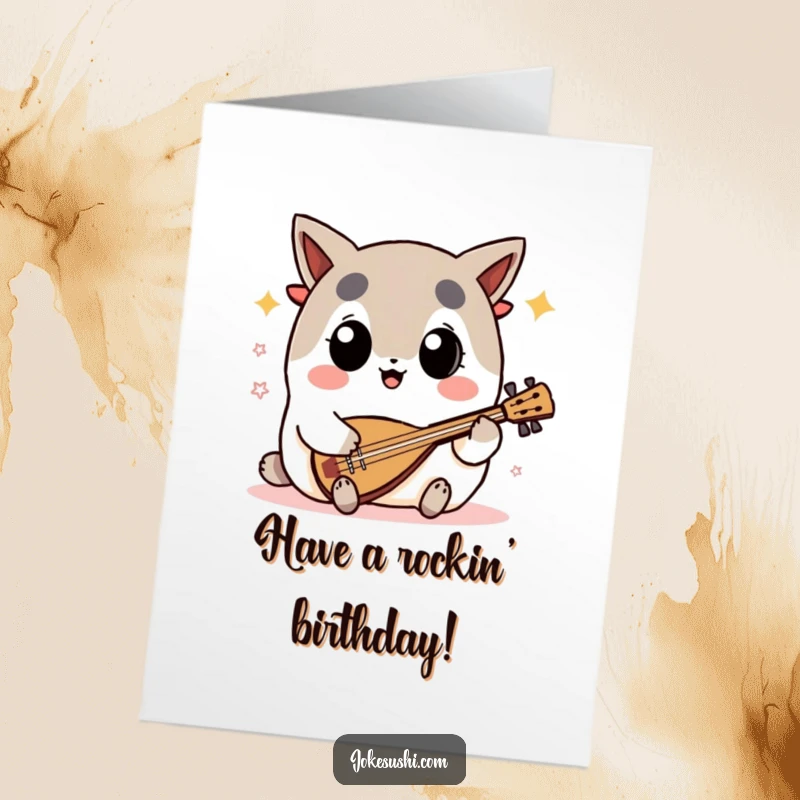 Funny Free Printable Birthday Card: A nori character with big eyes playing a shamisen with great enthusiasm.
