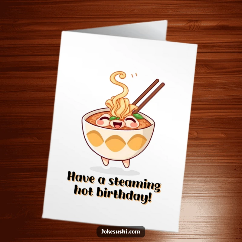 Funny Free Printable Birthday Card: Cheerful ramen bowl character with playful steam puffing out, wishing a happy birthday.