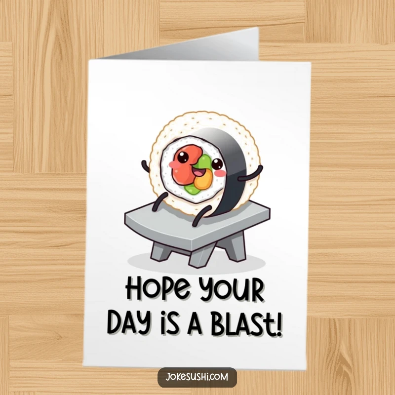 Funny Free Printable Birthday Card: Round sushi roll character with legs happily sliding down a slippery ramp, celebrating a birthday.