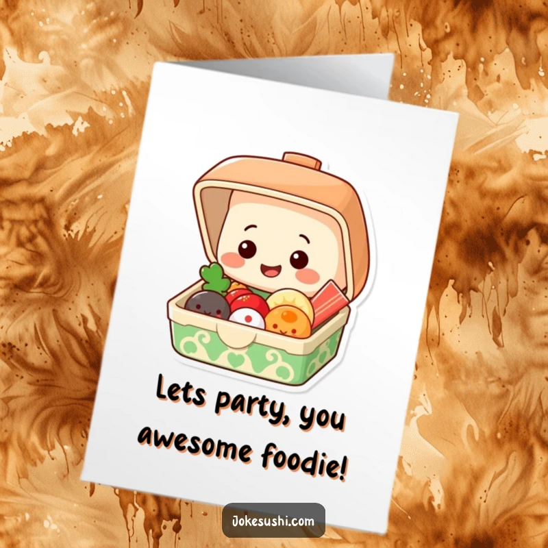 Funny Free Printable Birthday Card: A grinning bento box character pops open, revealing a happy arrangement of smiling food items.