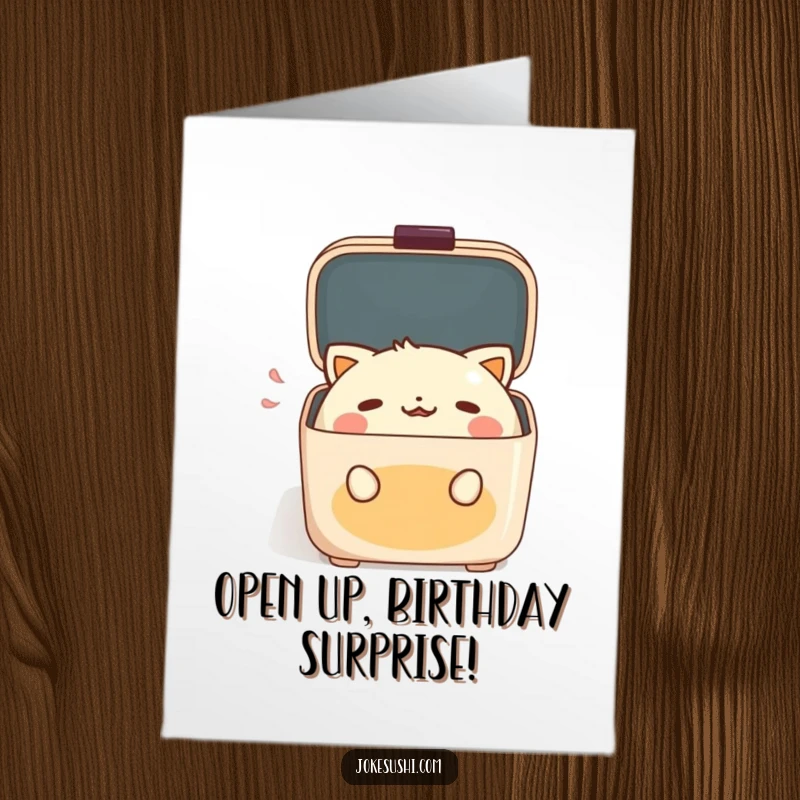 Funny Free Printable Birthday Card: Anthropomorphic bento box character gasps with delight as its lid opens, perfect for a foodie gift.