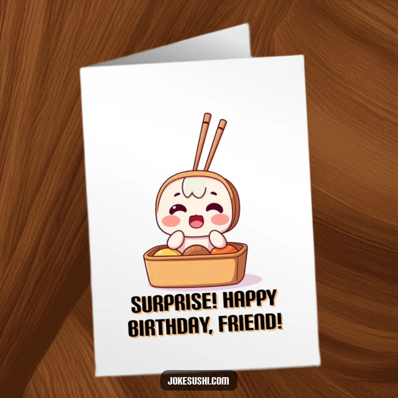 Funny Free Printable Birthday Card: A bento box character looking surprised as chopsticks are unexpectedly stuck in it.