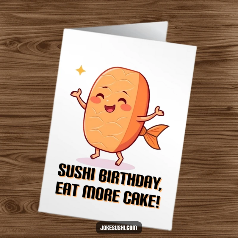 Funny Free Printable birthday card: smiling salmon nigiri with little feet dancing joyfully, a downloadable gift.