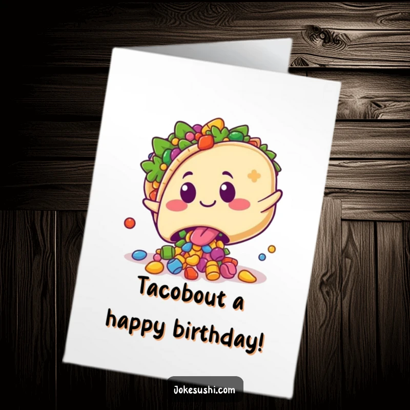 Funny Free Printable Birthday Card: Kawaii taco character tripping playfully, spilling colorful fillings with a surprised grin, a humorous downloadable gift.