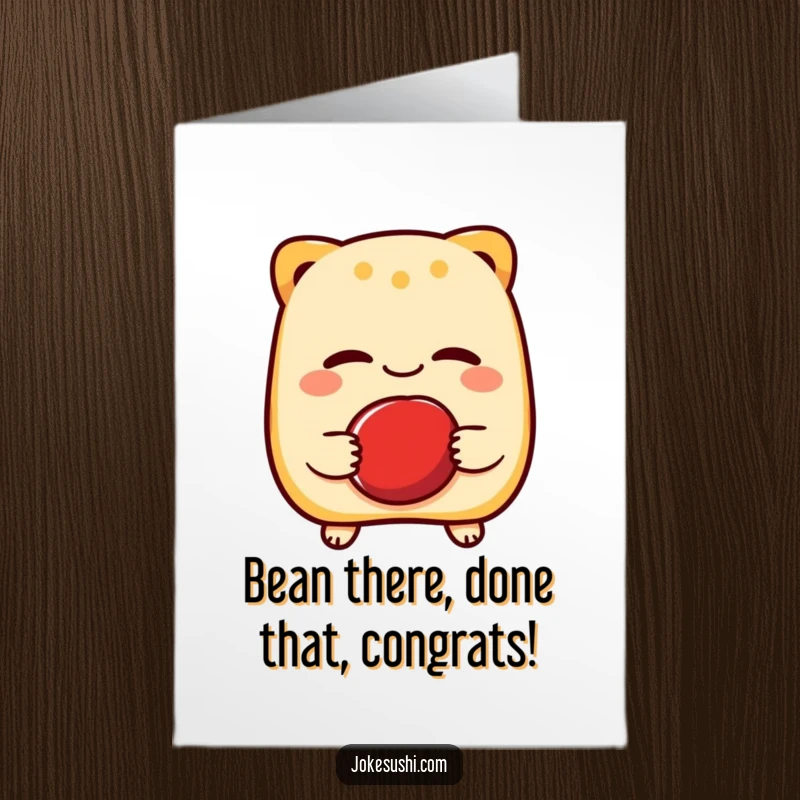 Funny Free Printable Congratulations Card: A cheerful taiyaki character winks, holding a red bean to celebrate sweet success.