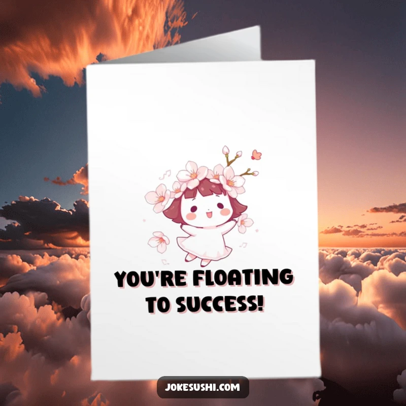 Funny Free Printable Congratulations Card showing a cheerful cherry blossom character happily drifting on a gentle breeze, radiating peace.