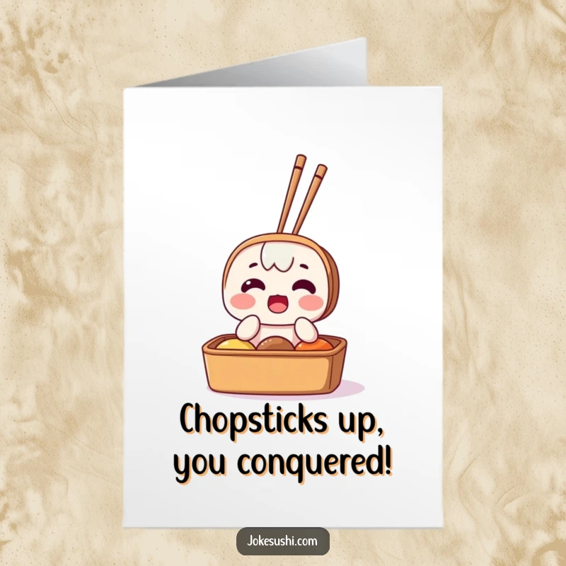 Funny Free Printable Congratulations Card: A bento box character depicted in surprise due to chopsticks sticking out, celebrating wins.