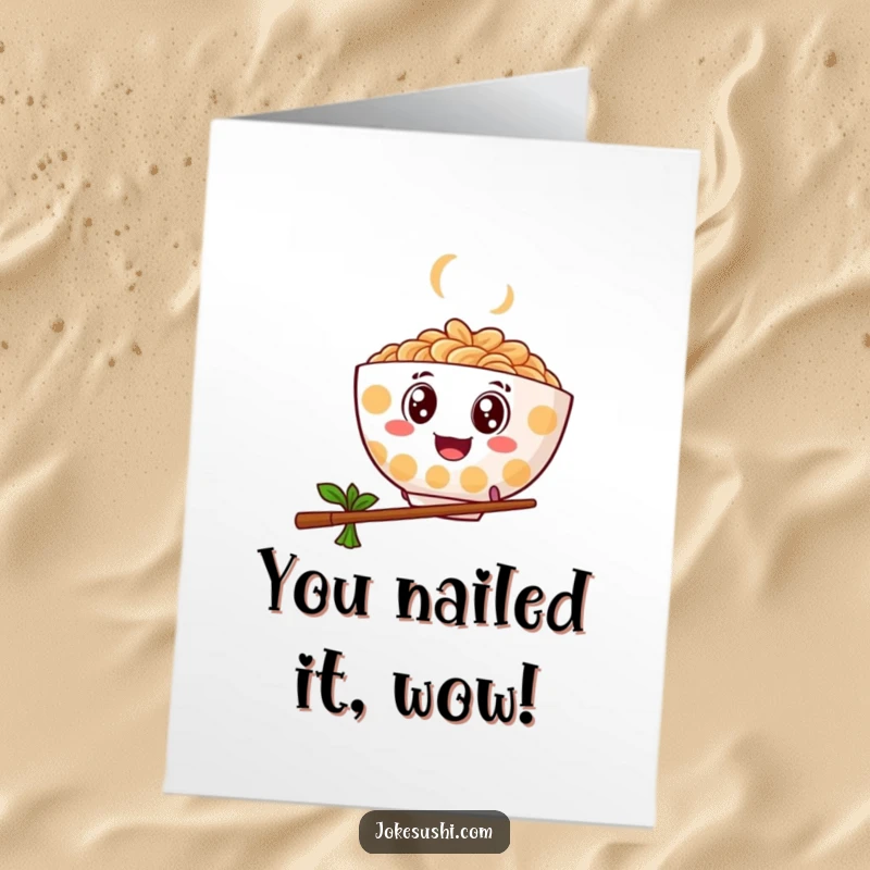 Funny Free Printable Congratulations Card: Googly-eyed ramen bowl leaps over a chopstick, celebrating a big win.