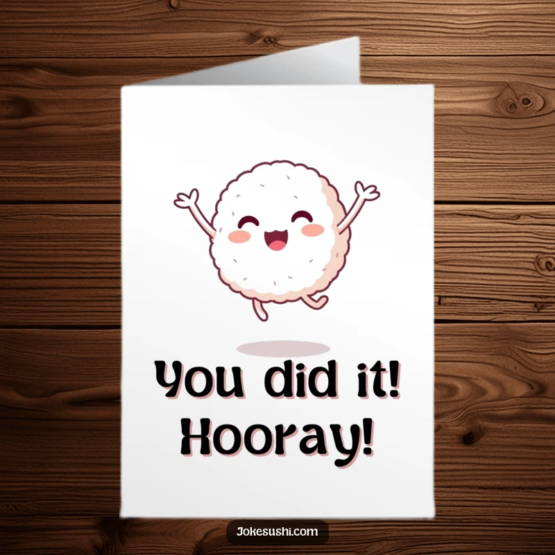 Free Printable Congratulations Card: A happy rice ball with short arms leaps with joy, celebrating achievements with pure exuberance.