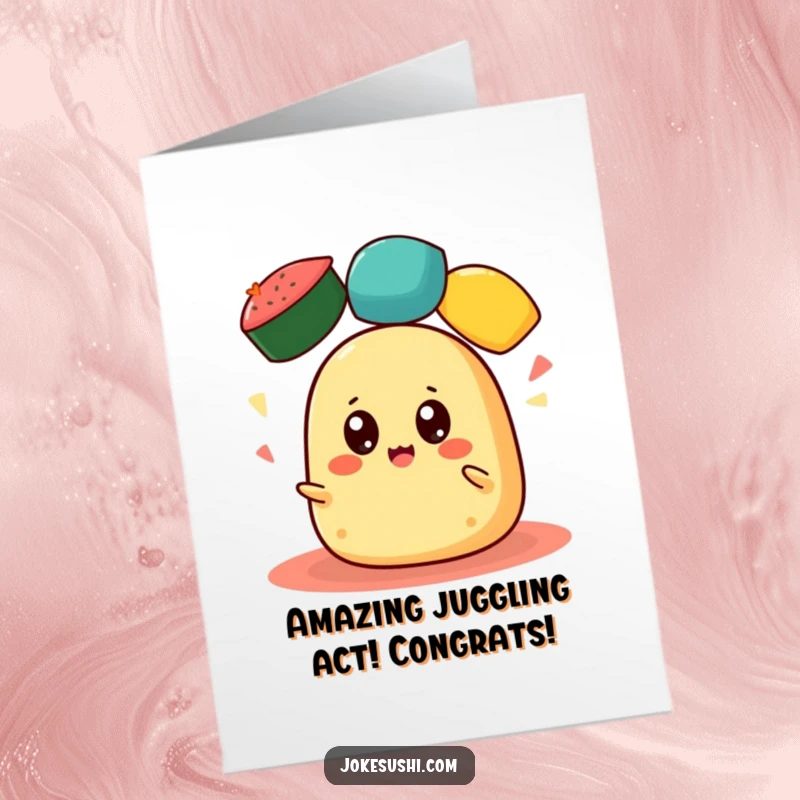 Free Printable Congratulations Card: A cheerful tamagoyaki with wide eyes juggles colorful roe, celebrating achievements with joy.