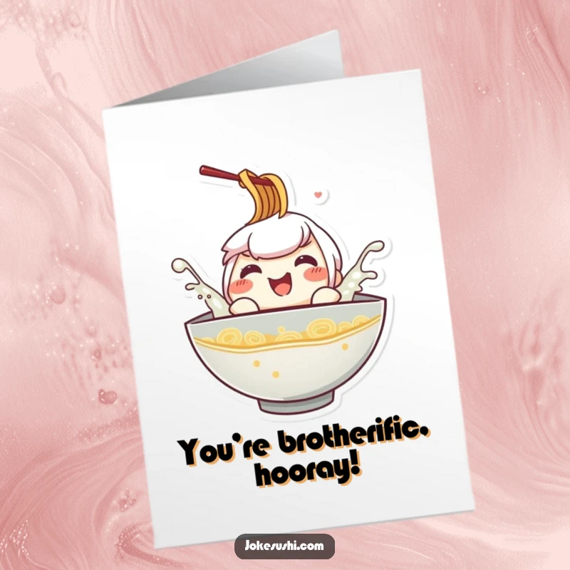 Funny Free Printable Congratulations Card: A happy ramen bowl character splashes playfully in broth, celebrating a big achievement.