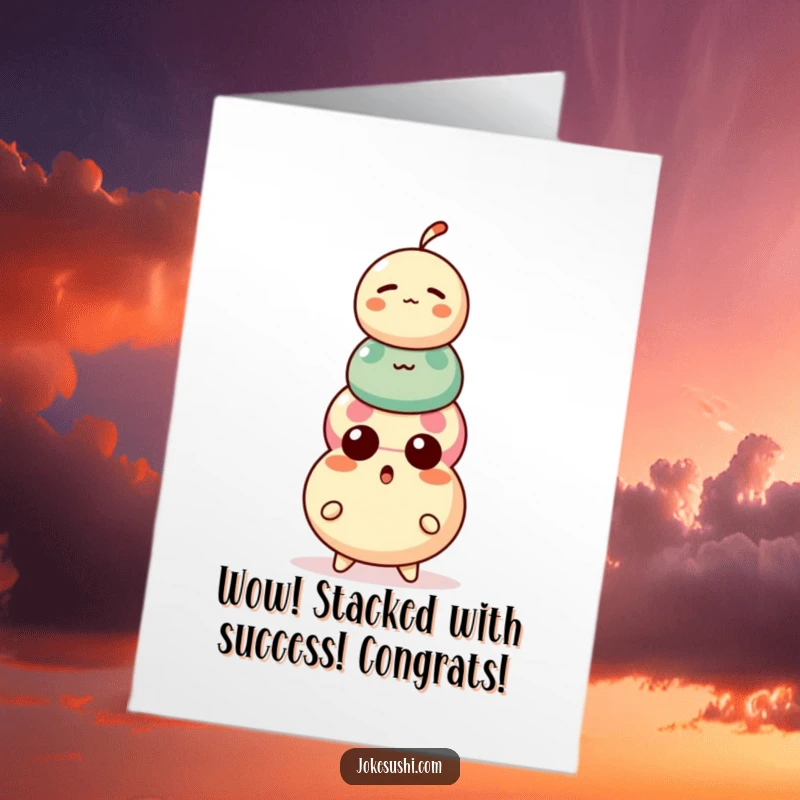 Funny Free Printable Congratulations Card: A surprised dango character with three wobbly balls, celebrating your amazing accomplishment.