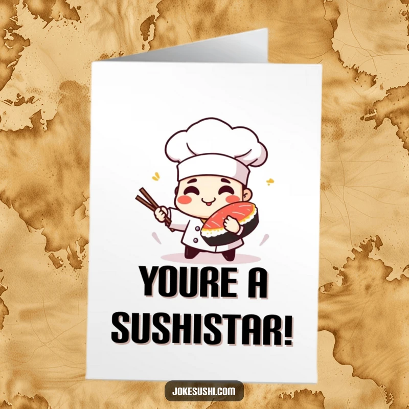 Free Printable Congratulations Card: A cheerful sushi chef playfully spins a vibrant piece of tuna, celebrating a victory.