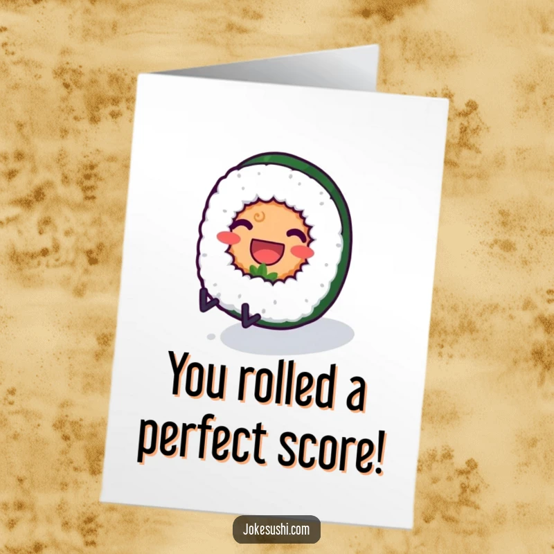 Free Printable Congratulations Card: A sushi roll character rolling downhill, symbolizing momentum and achievement.