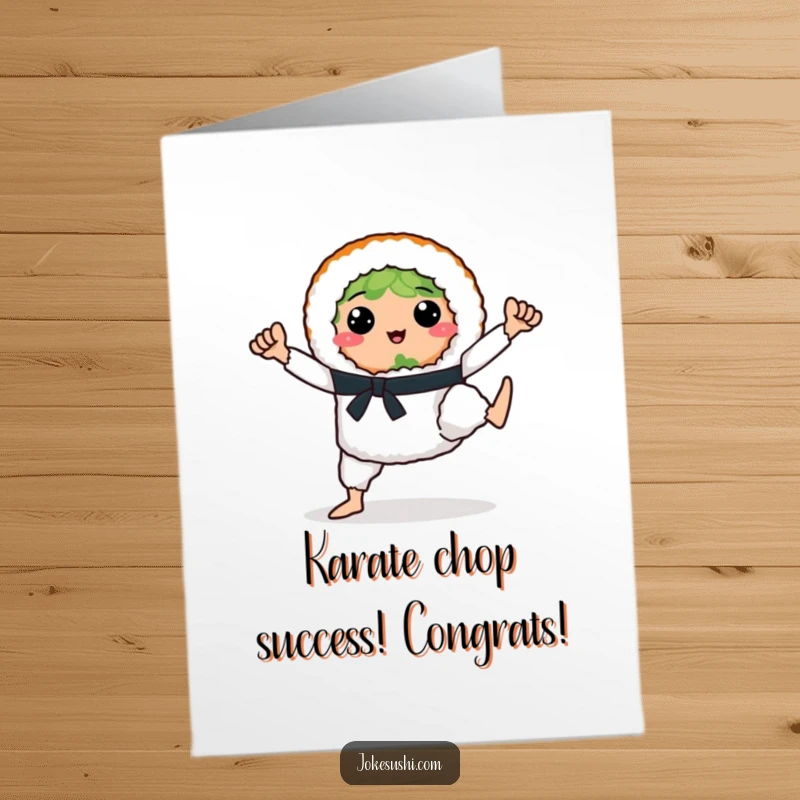 Funny Free Printable Congratulations Card: Sushi roll in a karate stance, ready to celebrate your win with downloadable flair.