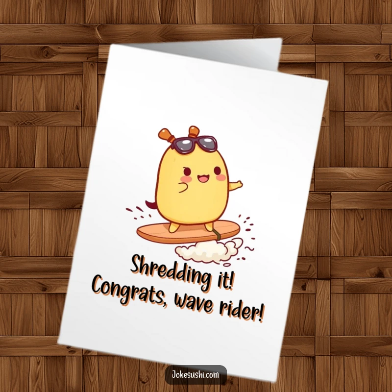Action-Packed Free Printable Congratulations Card: Tamagoyaki character surfing a nori wave to celebrate.