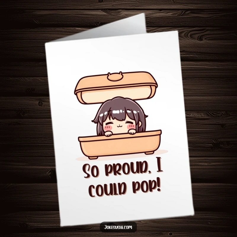 Cute Free Printable Congratulations Card: A blushing bento box character peeking out shyly to celebrate.