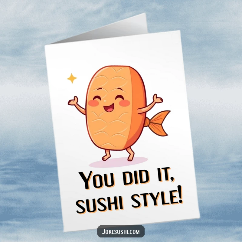 Funny Free Printable congratulations card: a happy salmon nigiri with feet doing a celebratory dance, perfect for any win.