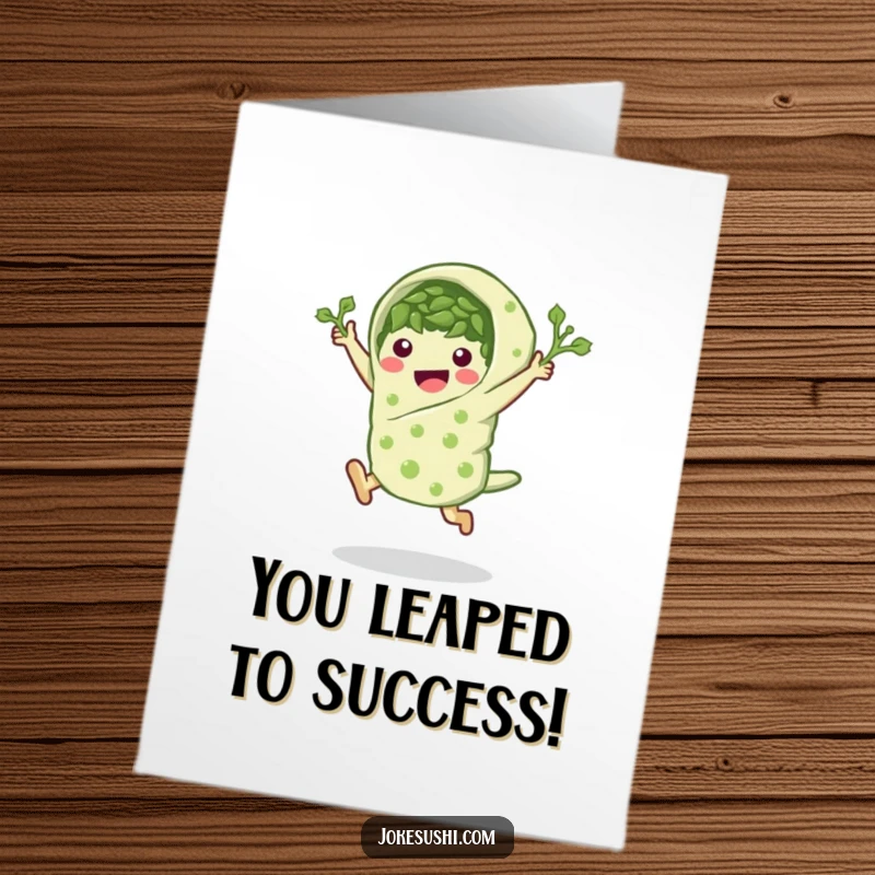 Funny Free Printable Congratulations Card: Peppy seaweed wrap character in a triumphant leaping pose, celebrating a great win.