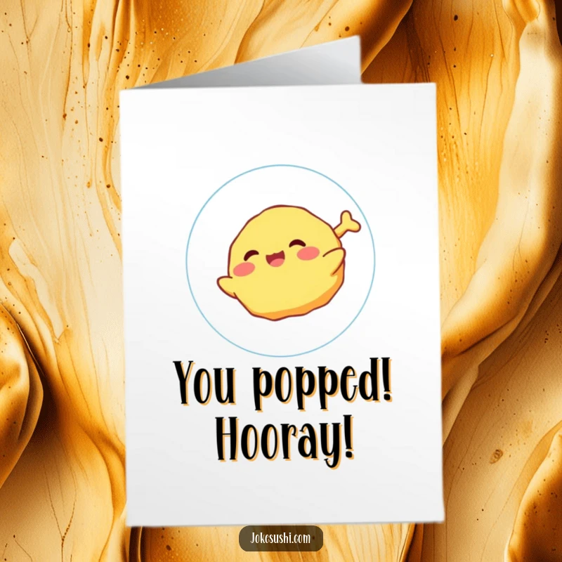 Funny Free Printable Congrats Card: A giggling tempura character floats joyfully on a bubble, celebrating achievements with airy delight.