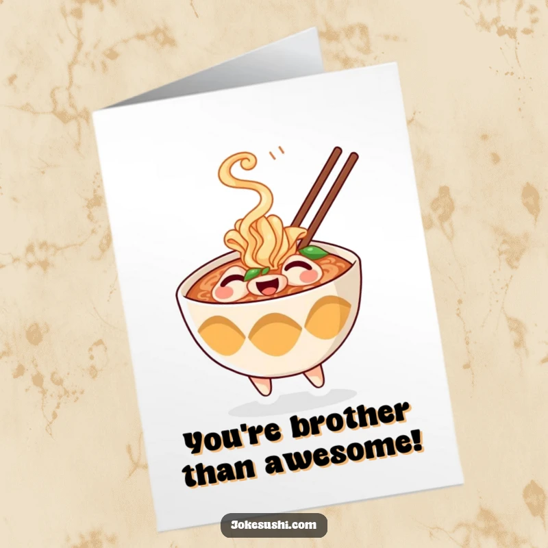 Funny Free Printable Congrats Card: Happy ramen bowl character with steam puffing out playfully to congratulate big news.