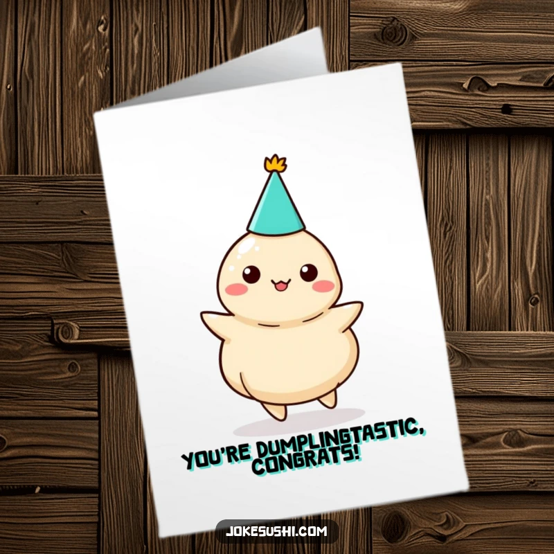 Funny Free Printable Congratulations Card: A delighted dumpling in a party hat is caught mid-twirl, celebrating success.