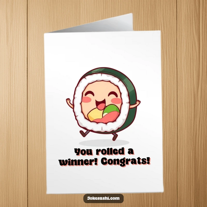 Funny free printable congratulations card with a smiling sushi roll character hopping excitedly, celebrating a momentous occasion.