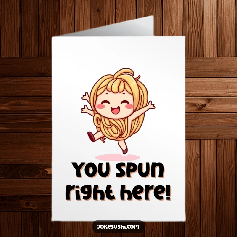 Funny Free Printable Congratulations Card: A smiling udon noodle character mid-cartwheel, cheering for success.