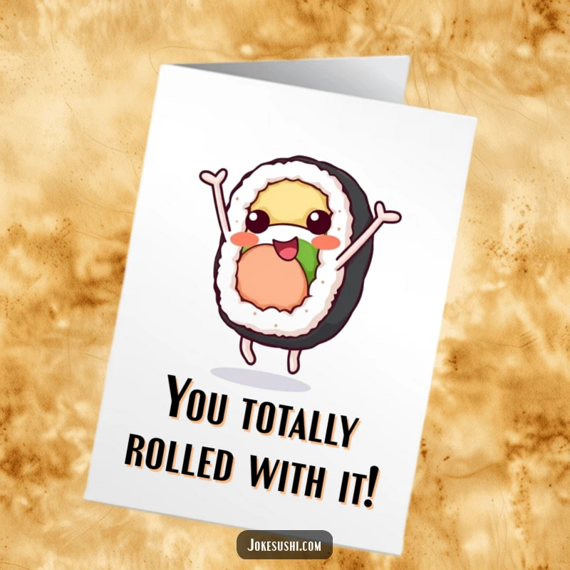 Funny Free Printable Congratulations Card: A dynamic sushi roll character performing a somersault, celebrating success with flair.