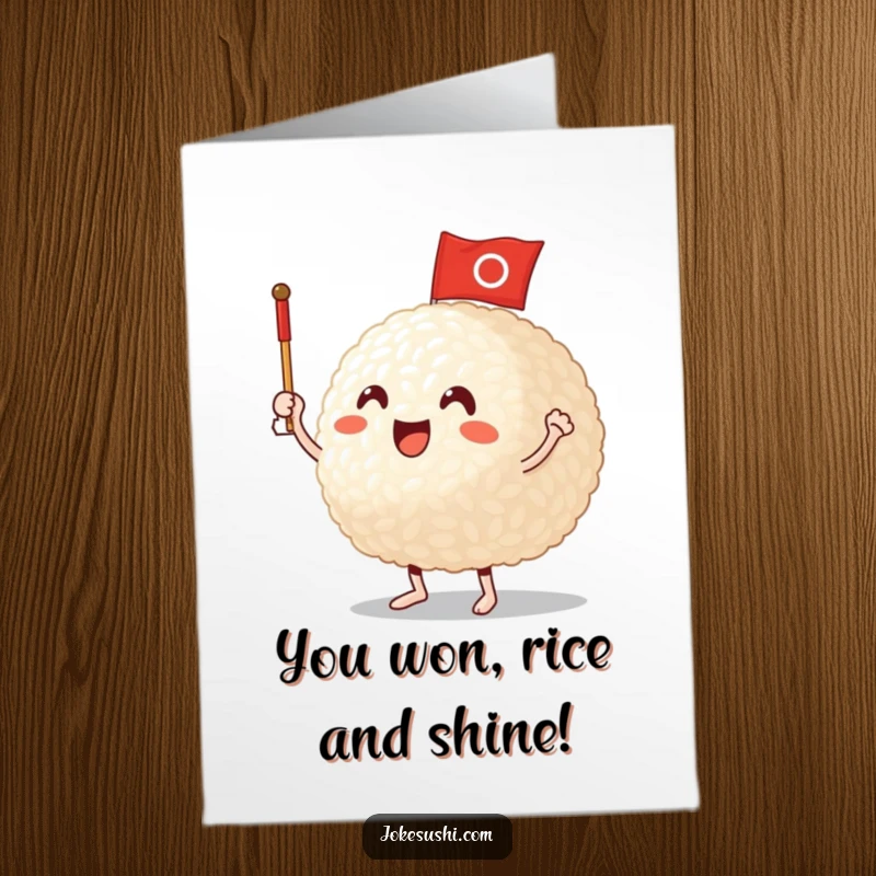 Funny Free Printable Congratulations Card: An enthusiastic rice ball character waving a small flag, celebrating success.