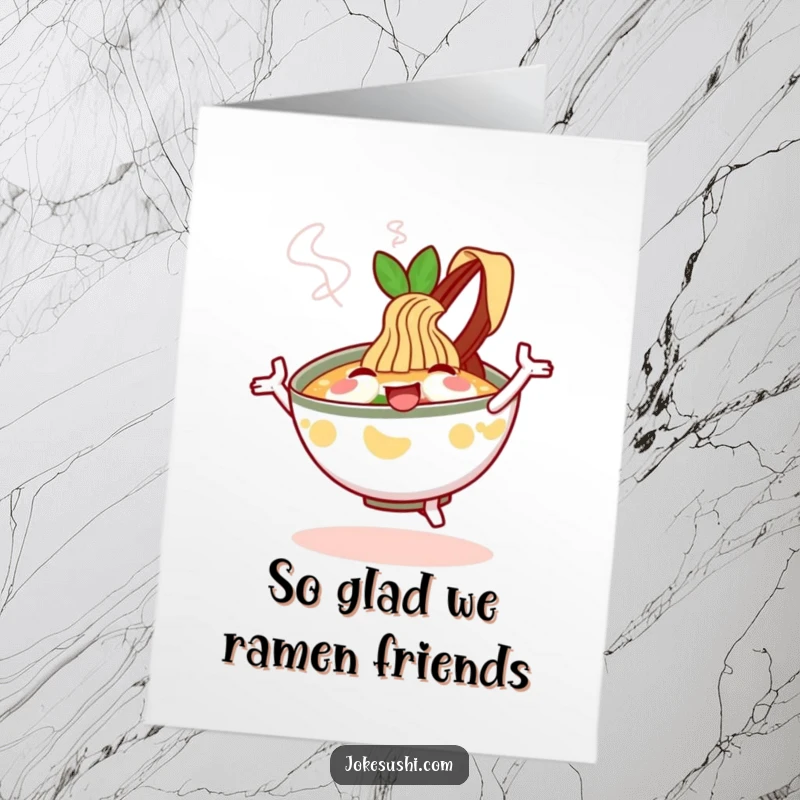 Funny Free Printable Thank You Card: A cheerful ramen bowl character joyfully dancing with steam, expressing thanks.