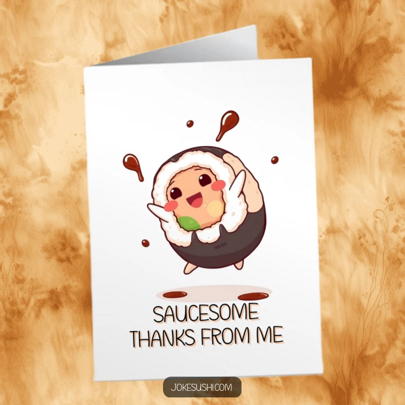 Funny Free Printable thank you card with a plump sushi roll character doing a cartwheel, as soy sauce splashes in a grateful gesture.