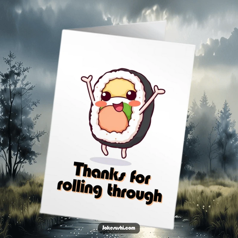 Funny Free Printable Thank You Card: A happy sushi roll character doing a somersault, expressing thanks with playful energy.