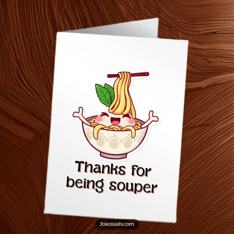 Funny Free Printable Thank You Card with a winking ramen bowl character waving its noodle arms playfully.