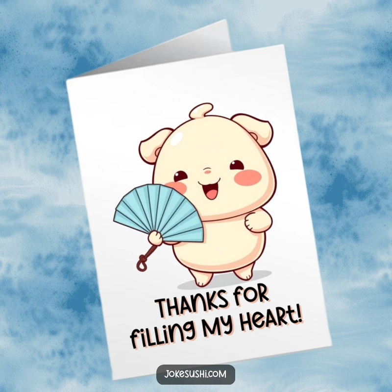 Funny Free Printable Thank You Card: A wiggling dumpling character cheerfully offers a tiny fan, conveying thanks.