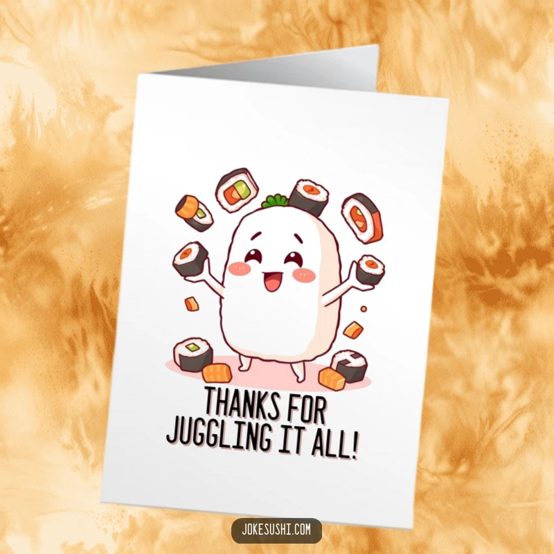 Funny Free Printable Thank You Card featuring a cheerful onigiri character juggling sushi pieces, expressing heartfelt thanks.