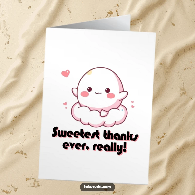Sweet Free Printable Thank You Card: A cheerful mochi character bounces on a cloud, expressing heartfelt thanks.