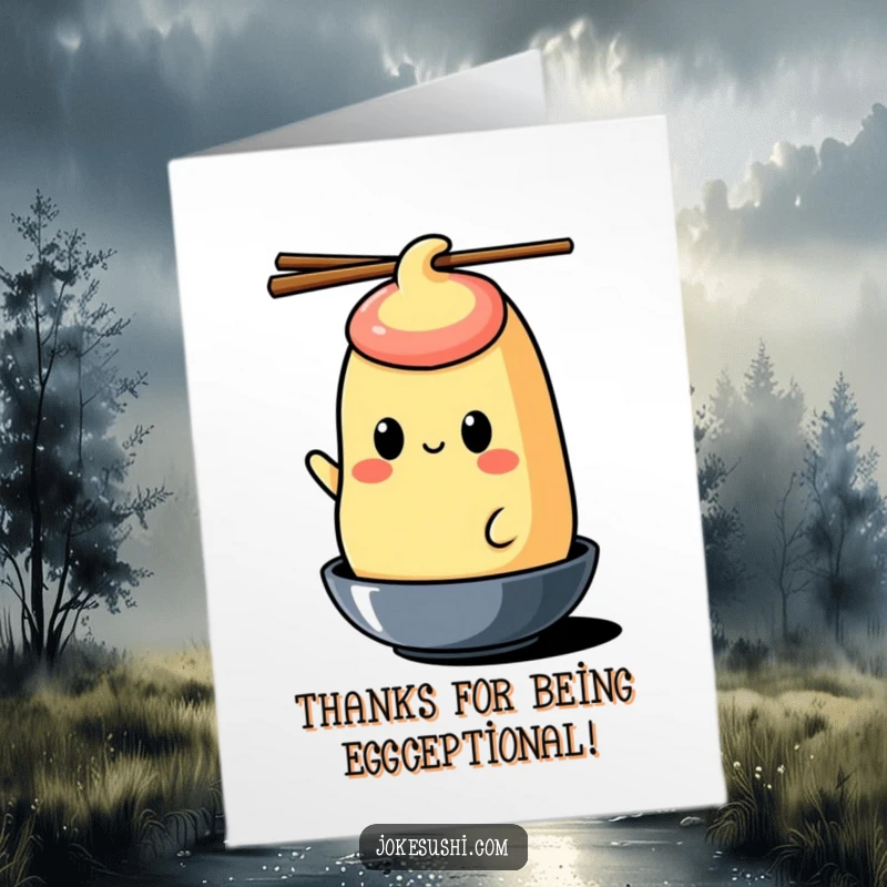 Funny Free Printable Thank You Card: A cheerful tamagoyaki balancing chopsticks on its head, expressing sincere thanks.