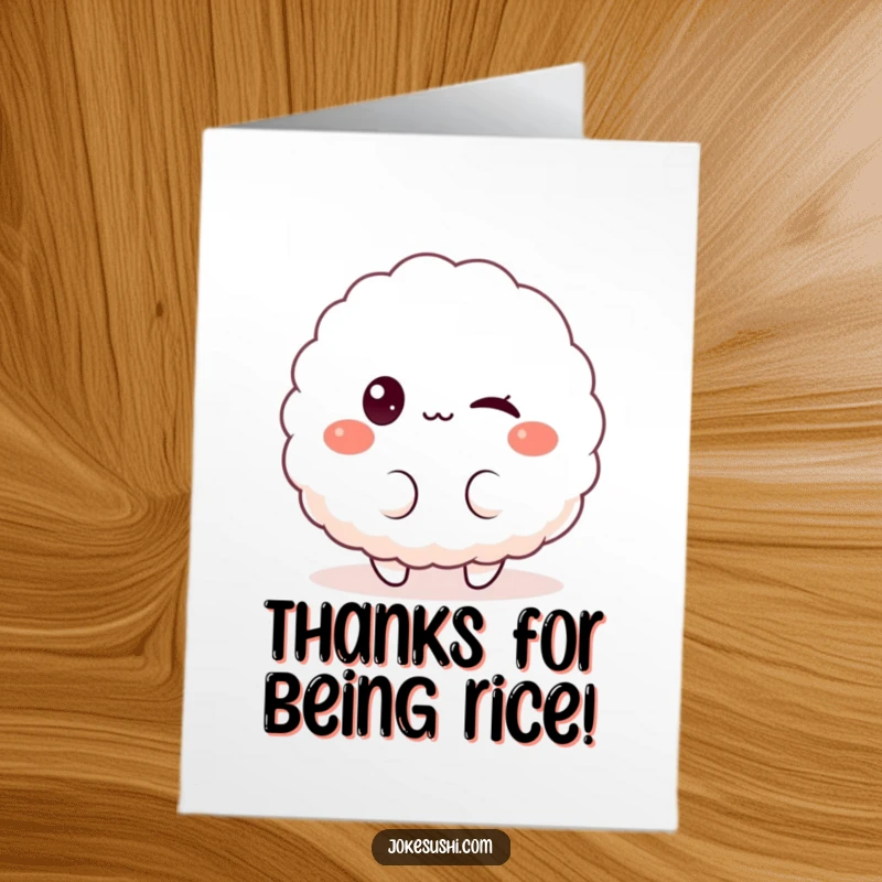 Funny free printable thank you card with a fluffy rice ball character winking playfully, conveying gratitude with charm.