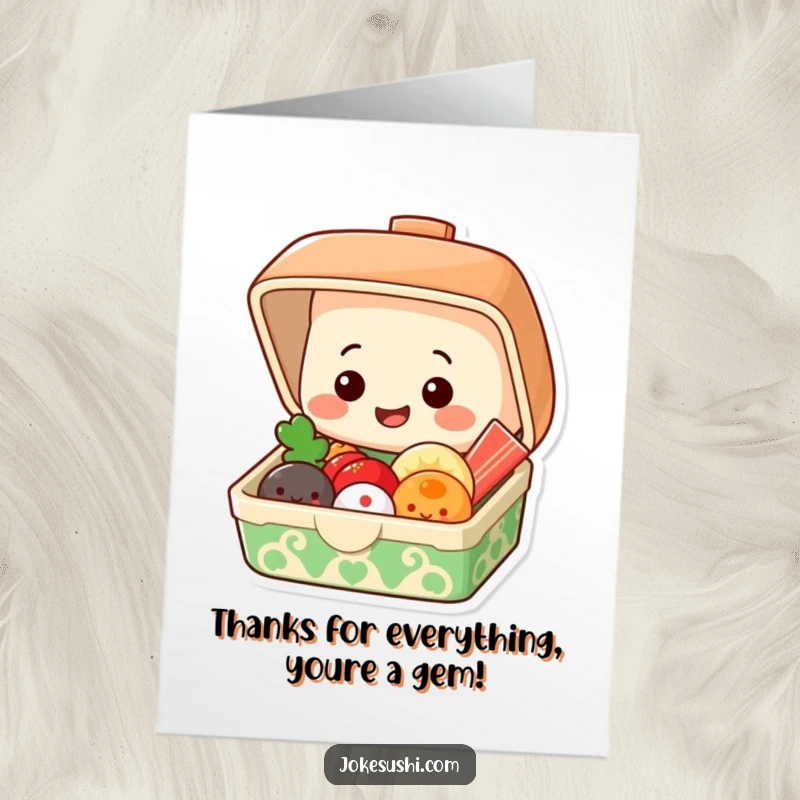 Funny Free Printable Thank You Card: A grinning bento box character opens up to reveal a delightful, smiling assortment of food.