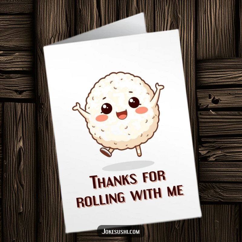 Funny Free Printable Thank You Card with a smiling rice ball character performing an excited cartwheel, expressing thanks.