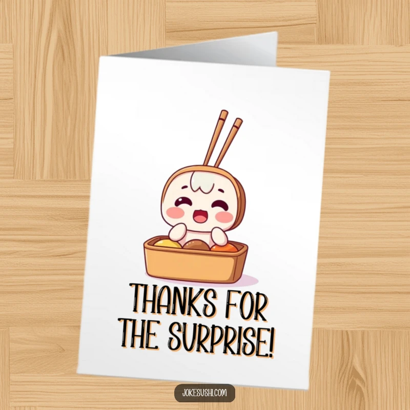Funny Free Printable Thank You Card: A bento box character looks surprised with chopsticks sticking out, showing gratitude humorously.