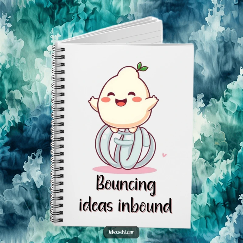 Funny grinning dumpling character bouncing on a giant spring, a cute and humorous notebook for all your writing needs.