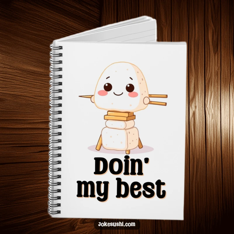 Funny notebook cover showing a grinning onigiri character balancing on a stack of chopsticks, ideal for jotting down humorous notes.