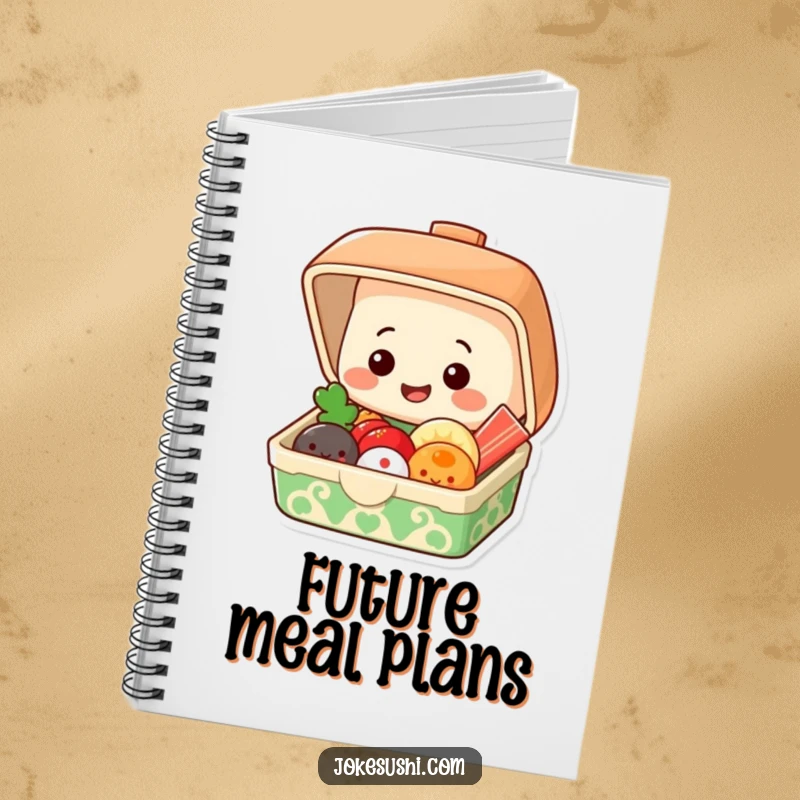Funny notebook showing a grinning bento box popping open to reveal smiling food items, ideal for journaling.