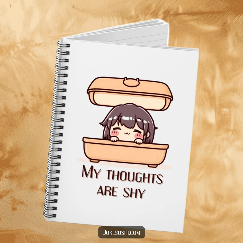 Funny notebook cover showing a blushing bento box character peeking out from under its lid, ideal for journaling.