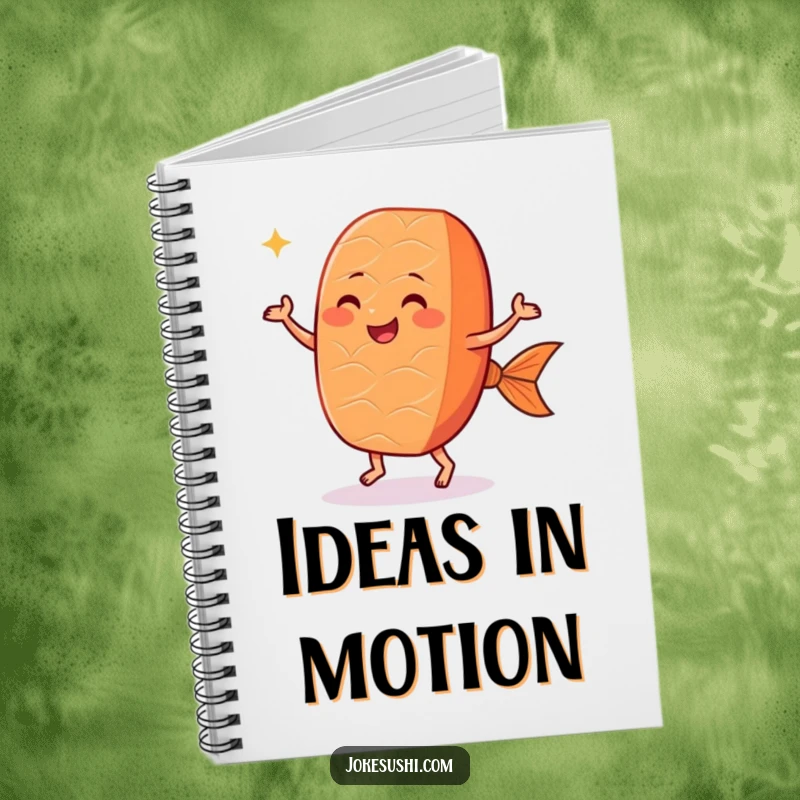 Funny salmon nigiri notebook featuring a happy sushi character with little feet dancing, perfect for jotting down ideas with joy.